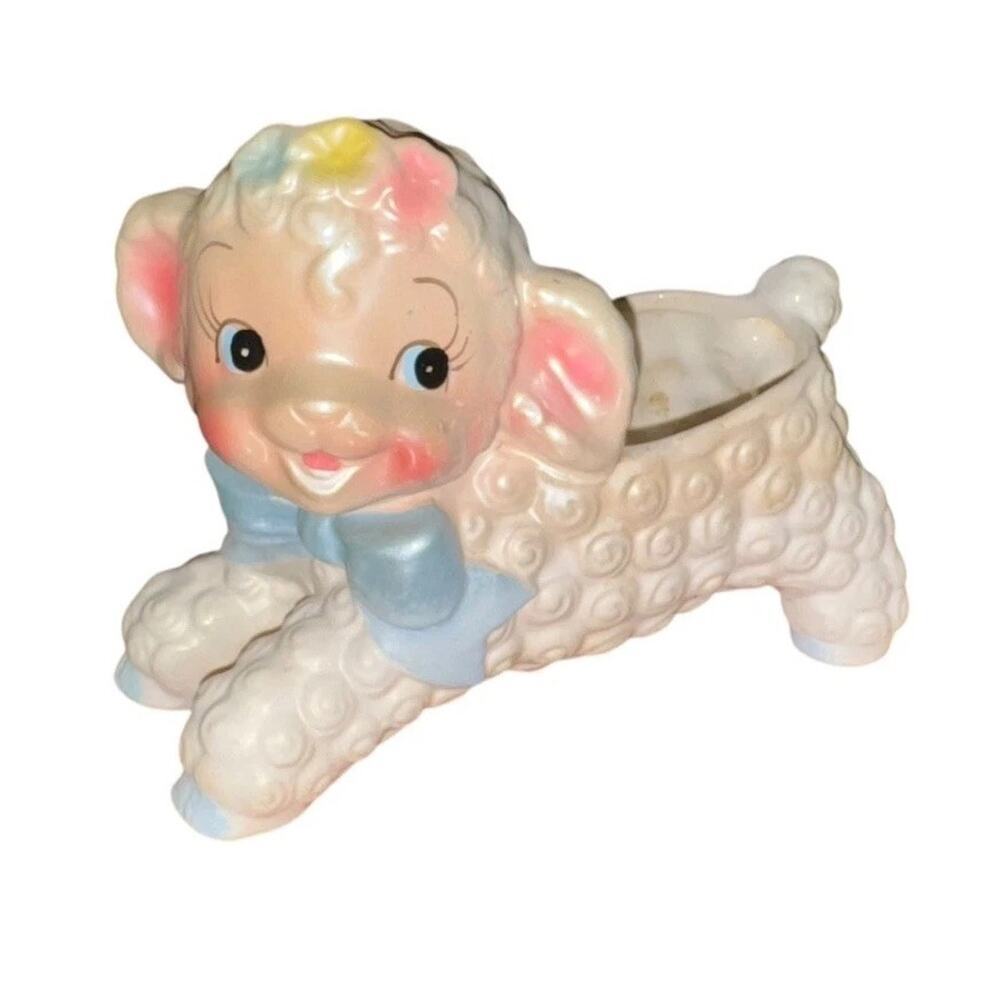 Vintage Rubens Lamb Planter Anthropomorphic Ceramic Pastel Nursery Decor Japan